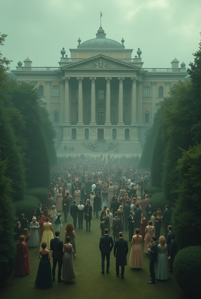 Best image quality, masterpiece, huge classic building outdoor garden party background, top view, huge crowd of people, detailed image texture, eerie, horror, eerie atmosphere (not AI image), cloudy, foggy