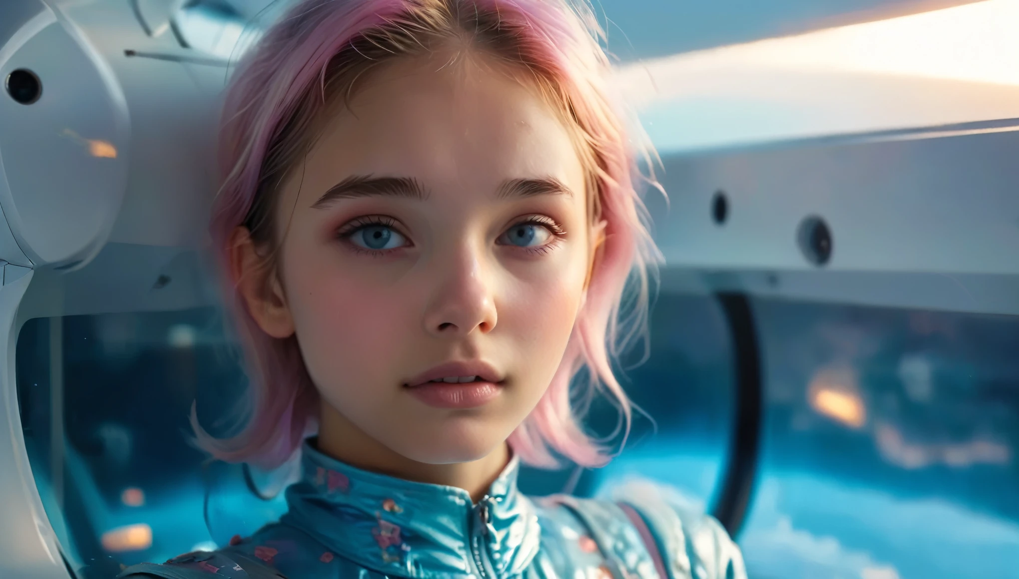 Top Quality, Masterpiece, High Resolution, 8k, wide objective, full body shot, ((ager, barely legal)), (((2 cute girls kissing in an wide opened light pink blue shiny puffer with plunging neckline, wide neckline, deep neckline, short sleeves))), (small perky breasts, extremely detailed face, beautiful detailed closed eyes, beautiful detailed lips, pixie side shaved hair, small hips), in a spaceship cabin, wide view