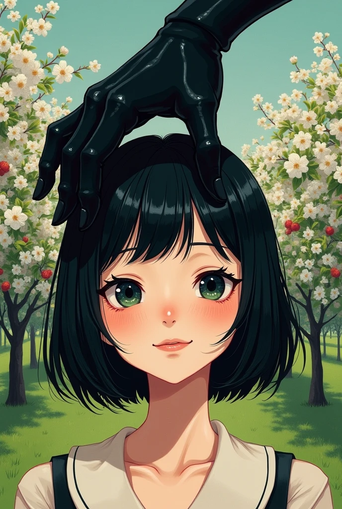 Caroline movie character drawing of a girl with shoulder length hair ,black hair ,orchard ,what a flirtatious look, with a mole near her nose on the left side with button eyes and a smile half cooked with needles while she is held by her head with a long black hand with long and thin fingers 