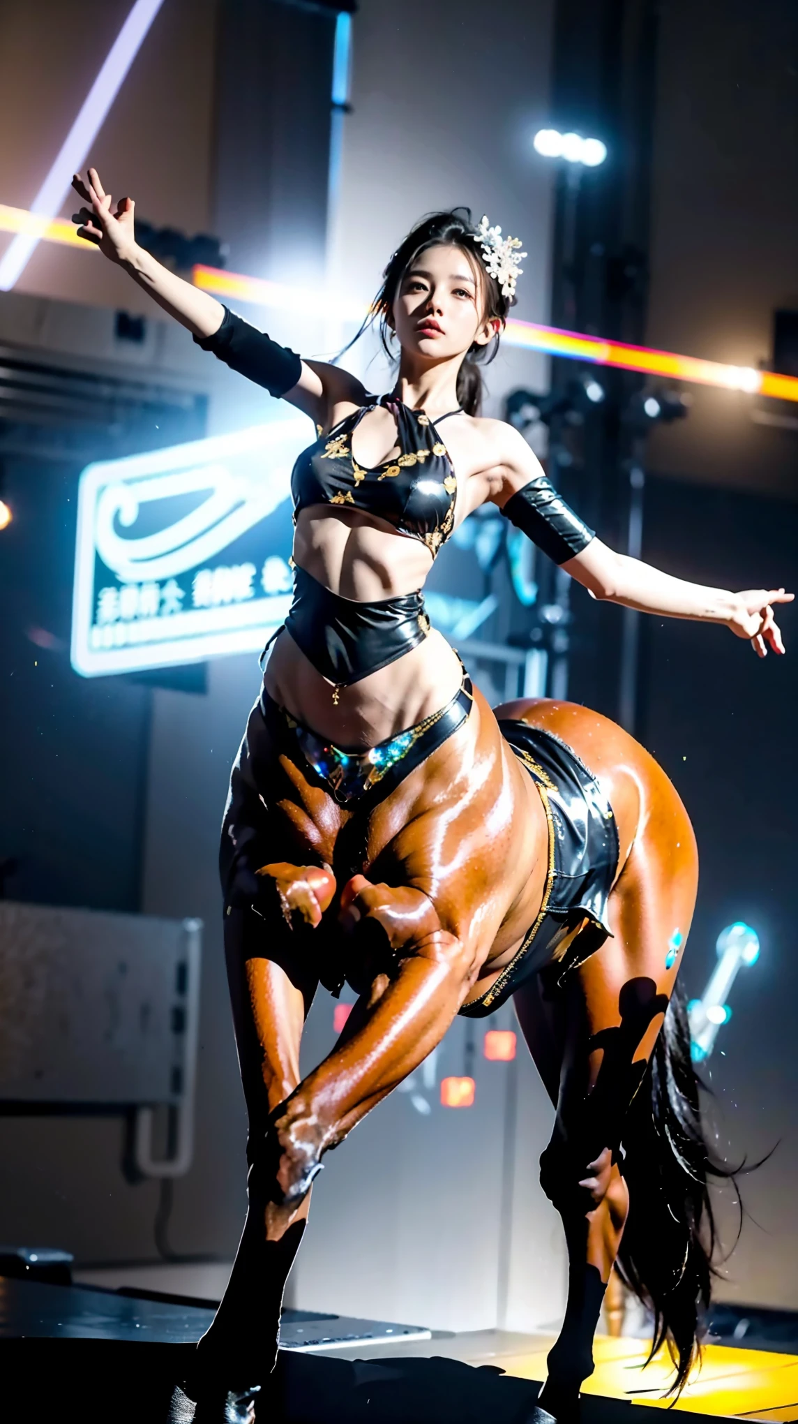 In the illustration of this super-grand scene,We enjoyed a fascinating sight,The various characteristics of the multiverse converge to fill the picture with brilliant colors。In this intoxicating scene,Our camera captured a mysterious(Centaur,Half man, half horse:1.875)Dancer,She was half-dressed,Graceful,Dance on the water。Her magic dance has many different styles of movements,And keep changing her clothing style,Blend in with the beauty of the surroundings,Adds an unpredictable charm to the whole scene。Dancer的舞蹈令人陶醉,Her rainbow cape flutters behind her like wings。This cape consists of different styles、color、Made from small parts of materials and styles,The extremely long train is gorgeous and elegant。Her dancing trajectory is accompanied by the glare effects of neon lights and magical stars,Blend in with your surroundings,Creates a stimulating atmosphere for the senses。Dancer拥有超高挑的身材和弧度超大的爆炸的曲线,Her body features are full of seductive sexiness。Her physical appearance includes::Mysterious K-cup Sizes(Super huge teardrop-shaped breasts:2.625)The bulge squeezes the tight plastic bra out of shape、Narrowed sternum and waist and abdomen、Charming face、Huge colored eyes of Carslan are troublesome and charming、Makeup、Slender neck、Beauty collarbone、Slender arms、Slender waist and abdomen、Round buttocks and slender long legs,Showcases attractive curves and lines。Use Midjourney's advanced brush tools、Color palettes and texture packs,我们为Dancer的面容、skin、Costumes and rainbow capes give intricate textures,增加了Reality的同时再次(Increase the outline of the super giant breasts and make the giant teardrop breasts several times larger:3.3),She also made her costume and cape blend different materials,Show a variety of styles,From evening gown、To the princess dress、Then to the light gauze dress、Or medical care、Ninja with Fishnet、and Urban Beauty,Full of creativity and fashion,It also makes the whole scene full of dreamy elements,There is an atmosphere of futuristic technology in the starry sky,There are towering cities in the ground,The floating bubbles are shining with neon runes,There are long beaches and small islands on the sea,Plants and fairy tale mythological scenes are intertwined,并让Dancer的舞姿与环境元素相互呼应,Creative。Through Midjourney's powerful tools,We approach it with incredible detail,Bring this grand and ethereal scene to life。整个插画充满了Reality和震撼力,是一幅具有Masterpiece quality和最佳质感的作品。Large wide angle,Ultra-telescopic lens, hdr,(Reality,Masterpiece quality,Best quality),