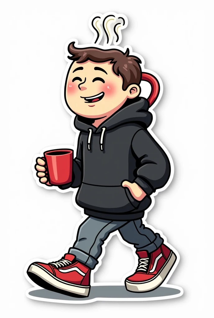 "Create a masterpiece, sticker, adhesive, sticker, impression, illustration of a cup, based on a cartoon from the 30's, the mug is wearing streetwear clothes, a black hoodie and vans style sneakers, His expression is happiness, His attitude is security and confidence, action: He is walking happily, steam comes out of his head" the background is solid white
