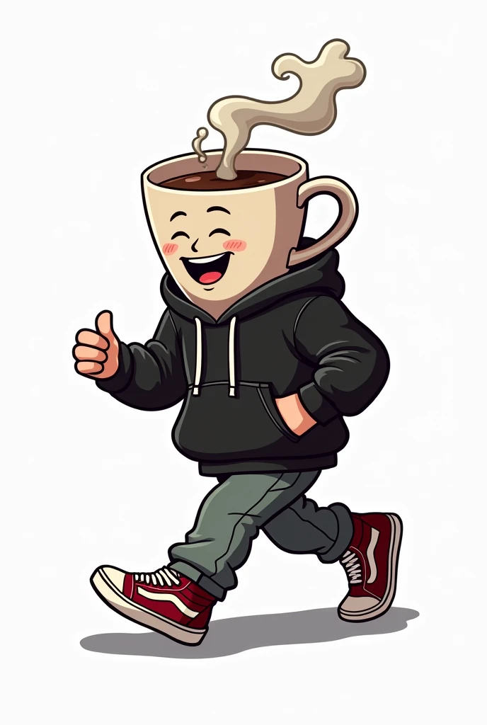 "Create a masterpiece, sticker, adhesive, sticker, impression, illustration of a cup, based on a cartoon from the 30&#39;s, the mug is wearing streetwear clothes, a black hoodie and vans style sneakers, His expression is happiness, His attitude is security and confidence, action: He is walking happily, steam comes out of his head" the background is solid white