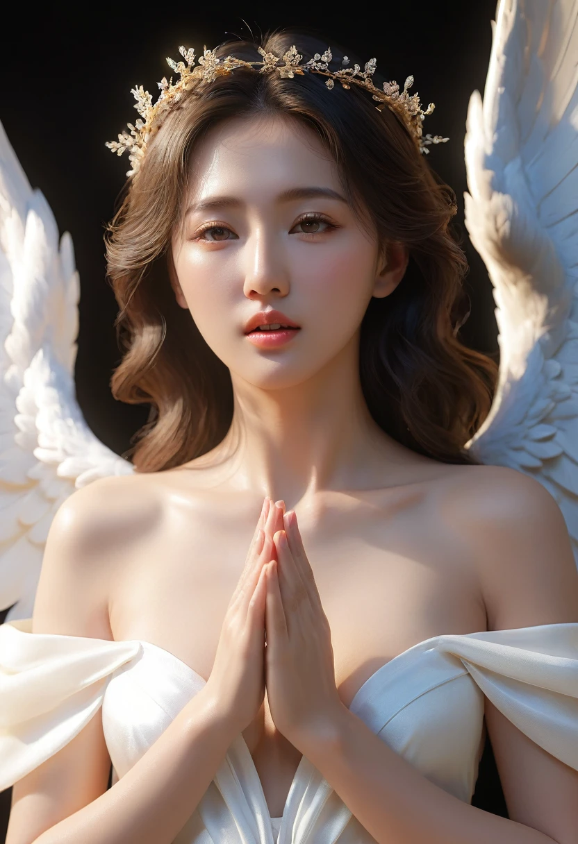 Beautiful angel sexually caresses erect penis with hands and mouth、Giving pleasure, ((Full body portrait)), Very detailed, (Highest quality,4K,8k,High resolution,masterpiece:1.2),Very detailed,(Realistic,photoRealistic,photo-Realistic:1.37),Detailed body and skin,Very detailed顔と解剖学,Complex angelic features,Glowing halo,Delicate hands,Supple lips,saliva,Gentle expression,Chiaroscuro lighting,Warm and soft colors,Dramatic Shadows,Structure of the film