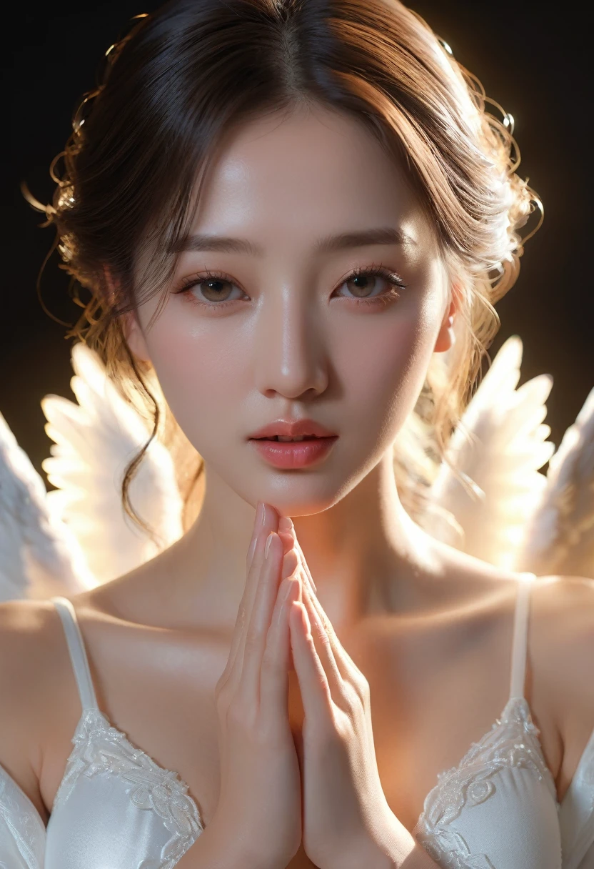 Beautiful angel sexually caresses erect penis with hands and mouth、Giving pleasure, ((Full body portrait)), Very detailed, (Highest quality,4K,8k,High resolution,masterpiece:1.2),Very detailed,(Realistic,photoRealistic,photo-Realistic:1.37),Detailed body and skin,Very detailed顔と解剖学,Complex angelic features,Glowing halo,Delicate hands,Supple lips,saliva,Gentle expression,Chiaroscuro lighting,Warm and soft colors,Dramatic Shadows,Structure of the film
