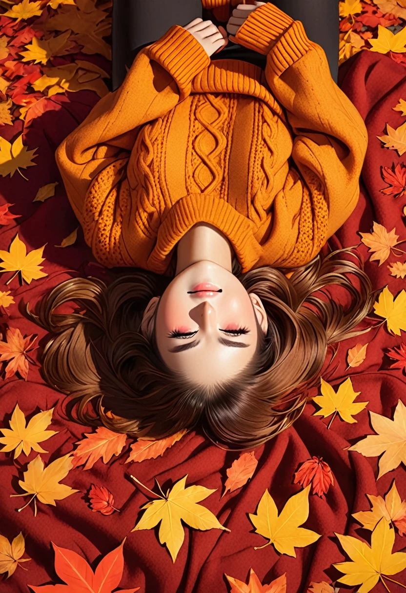 The image shows a person wearing a mustard red knitted sweater lying on a bed of autumn leaves. The leaves in the background are a mix of orange, red and red tones, suggesting the fall season.
