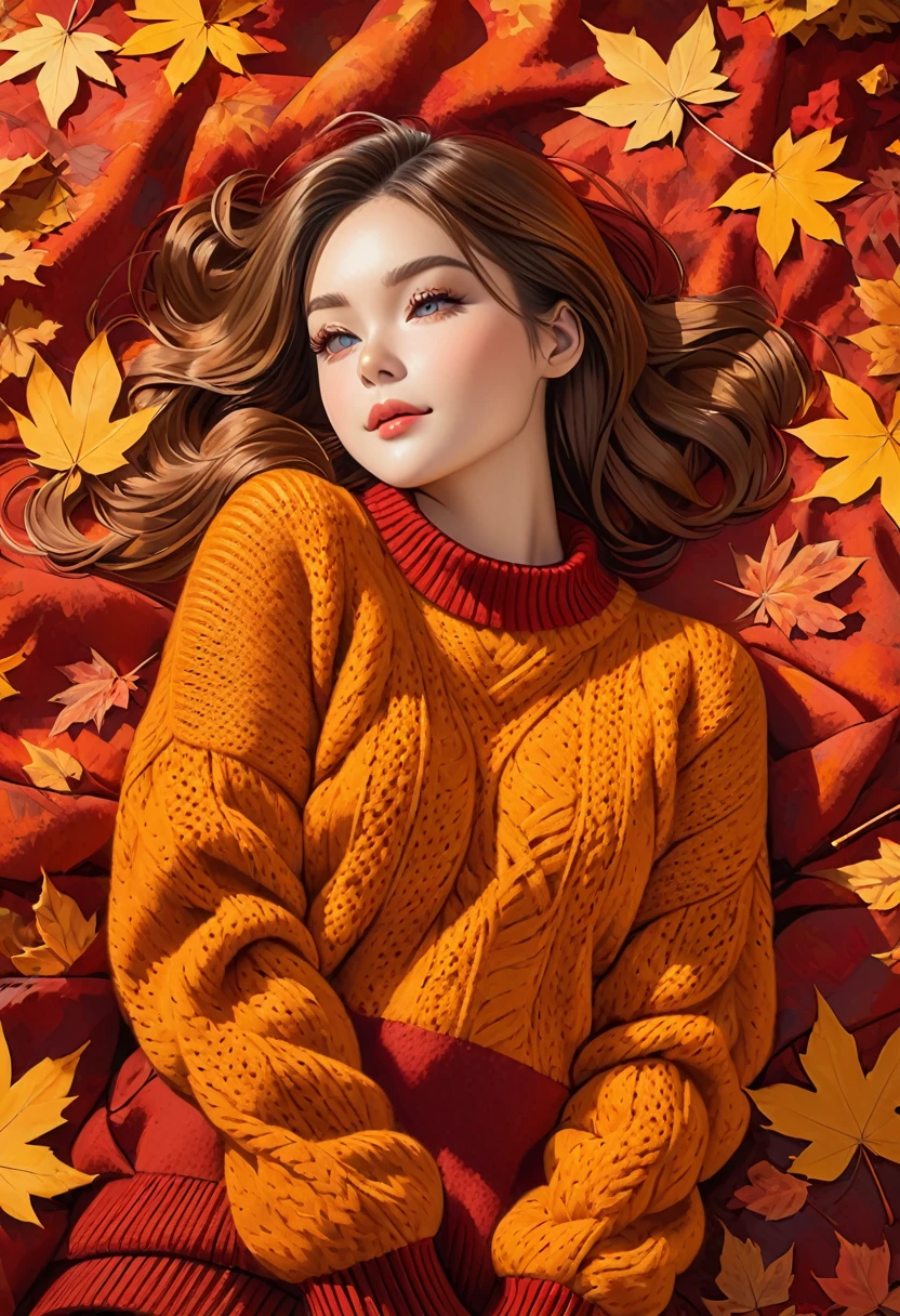 The image shows a person wearing a mustard red knitted sweater lying on a bed of autumn leaves. The leaves in the background are a mix of orange, red and red tones, suggesting the fall season.