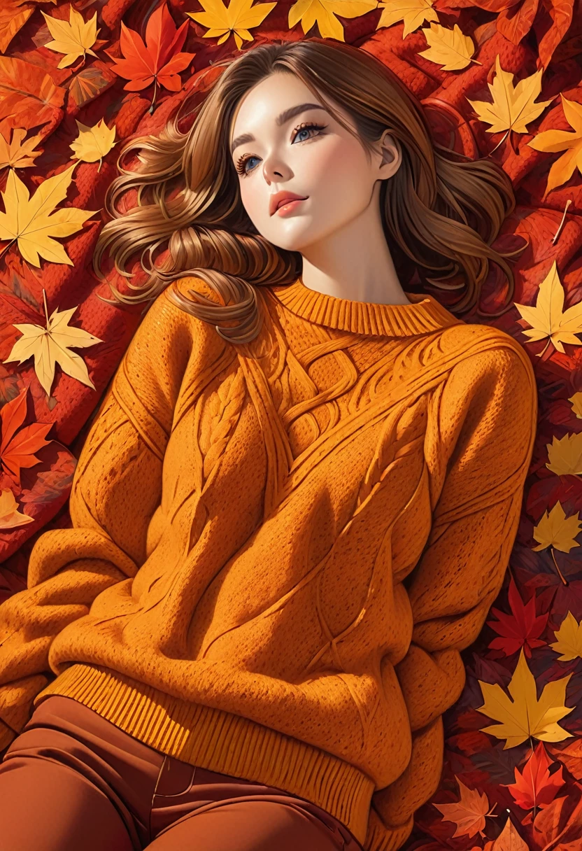 The image shows a person wearing a mustard red knitted sweater lying on a bed of autumn leaves. The leaves in the background are a mix of orange, red and red tones, suggesting the fall season.