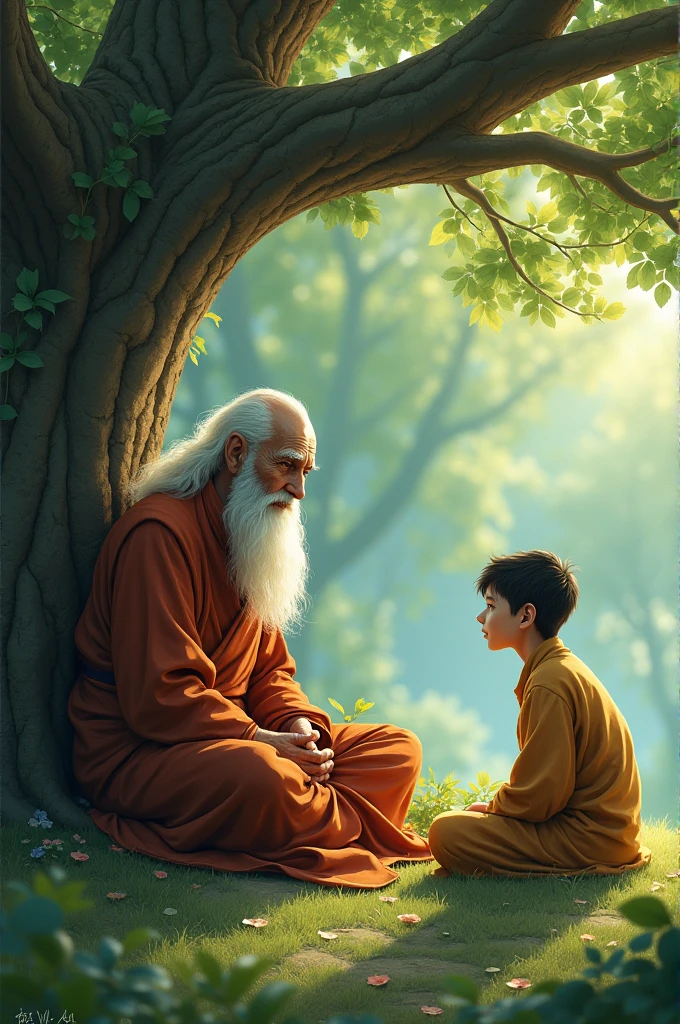 An old monk sit under a tree and a boy sit with him from distance talk together seriously face expration