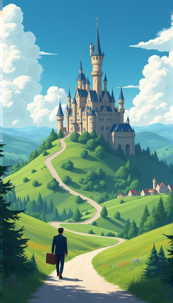Ghibli style, Castle on the hill, Cloudy blue sky, 4k wallpaper, Businessman on the road.