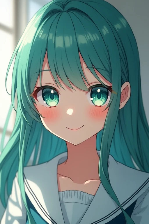 Highest quality, Face Focus, Soft Light, Ultra-high resolution, (Realistic:1.4), RAW Photos, 1 Japan, alone, cute, (smile), (Turquoise Eyes, Light in your eyes), Teal hair.Beautiful face in every detail, Long Hair,School uniforms,skirt