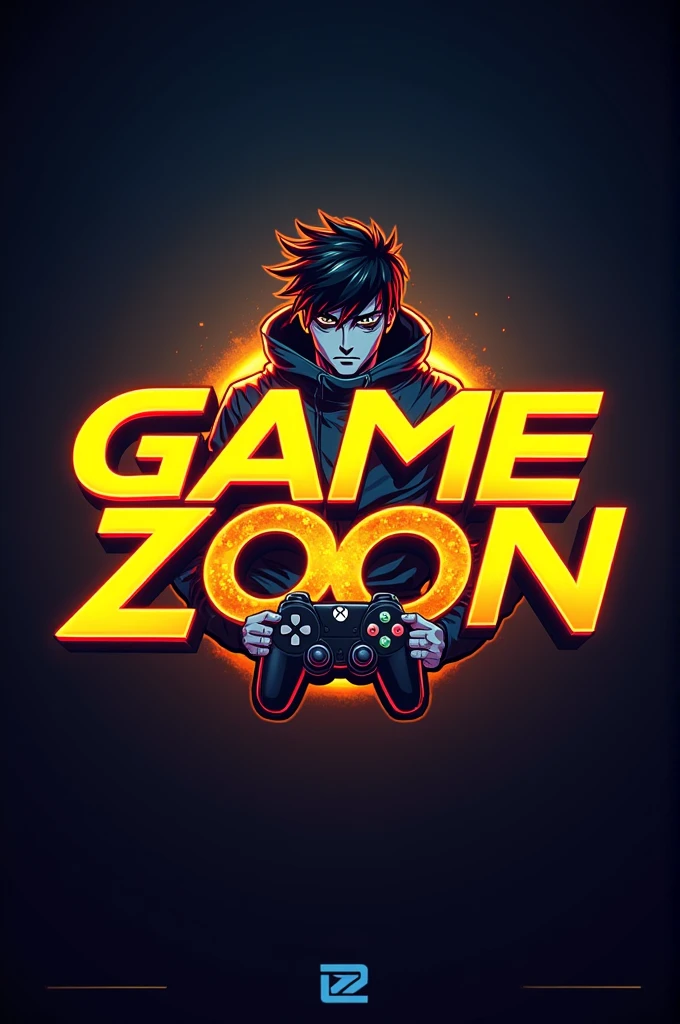 This is a gaming logo that features the name "Game Zoon" in a futuristic font and a neon Golden color. and Boy Anime avtar, The logo also has a stylized controller icon. The logo is designed to be attractive and eye-catching, and to appeal to gaming enthusiasts and