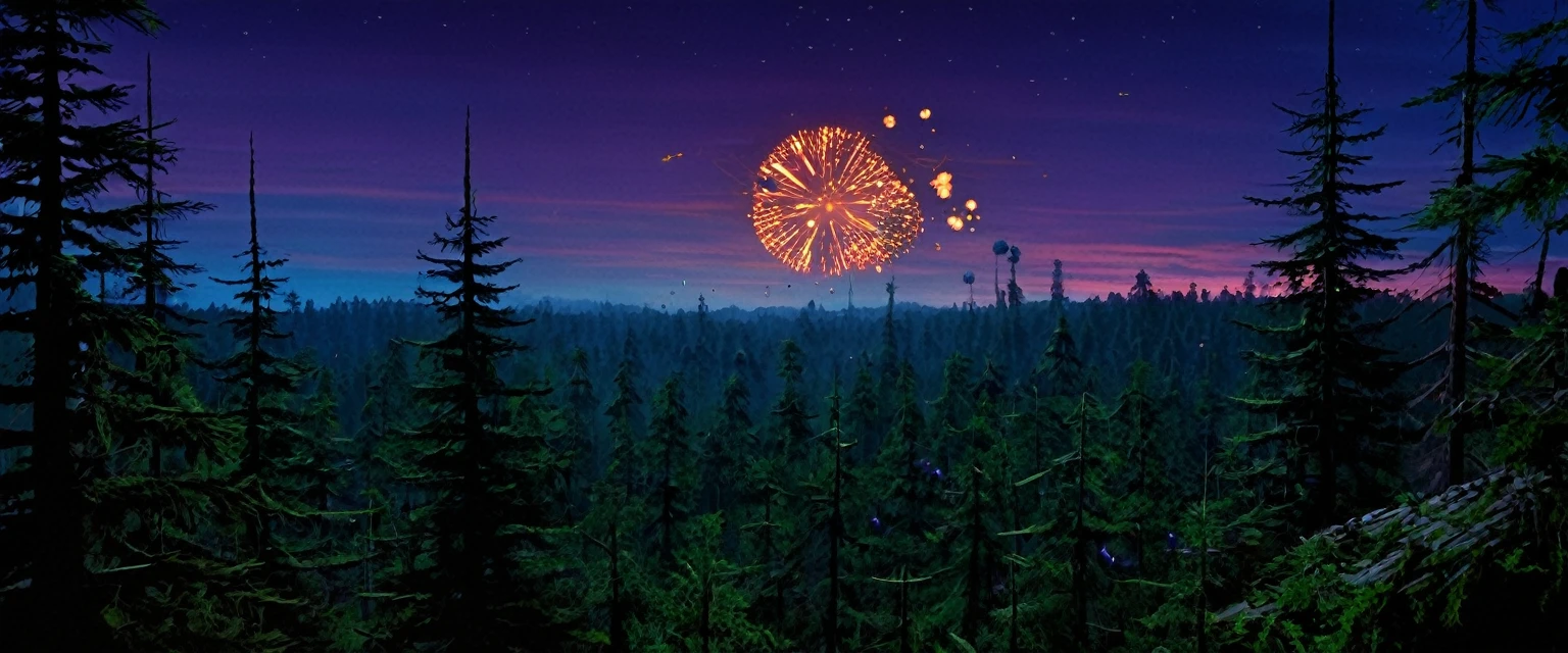 Planet Endor, twilight sky, The Death Star explodes as a fleet war rages, viewed from an Ewok village built in the tree tops. Ewoks look to the sky and cheer. Scene of happiness.