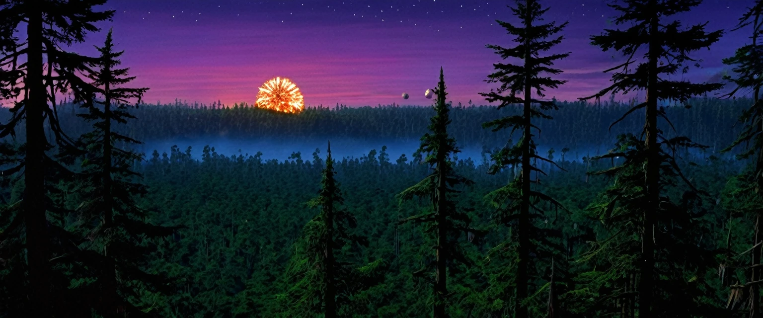 Planet Endor, twilight sky, The Death Star explodes as a fleet war rages, viewed from an Ewok village built in the tree tops. Ewoks look to the sky and cheer. Scene of happiness.