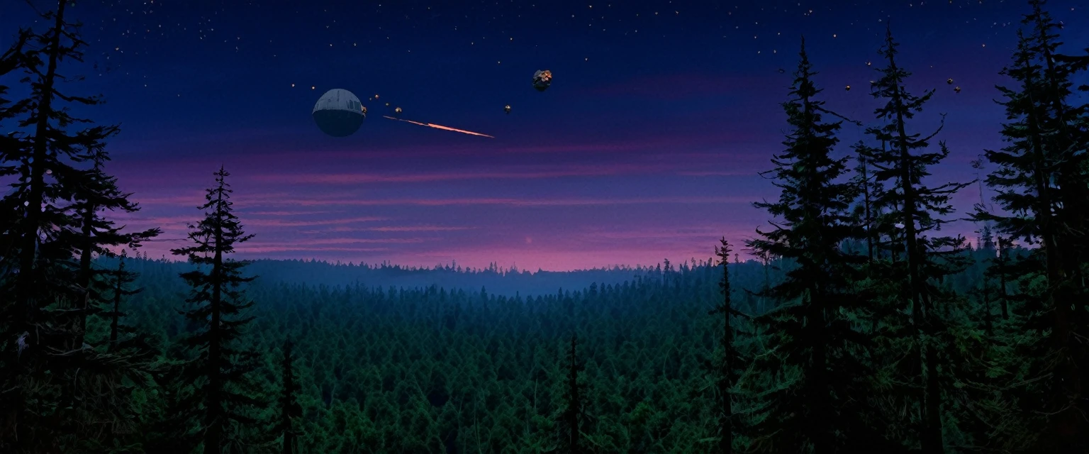 Planet Endor, twilight sky, The Death Star explodes as a fleet war rages, viewed from an Ewok village built in the tree tops. Ewoks look to the sky and cheer. Scene of happiness.
