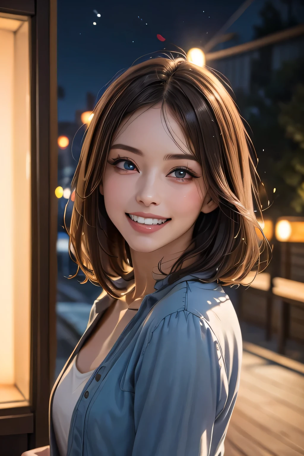 (highest quality, 8k, 32K, masterpiece), (Realistic), (Realistic:1.2), (High resolution), (night:1.7), Japan, cyber punk, 街の景Farbe, In front of the window,Wooden floor, Blue jacket, Grey Shirt, clavicle, jewelry, gem, Brunette Bob, 1 female, 45 years old, (Grin), Beautiful body, beautifulNose, beautifulcharacter design, Perfect Eyes, perfectface, Expressive eyes, View your audience, Center the image, (Cowboy Shot), Official Art, Very detailed CG Unity 8k wallpaper, Perfect lighting,Farbeful, bright_front_face_Lighting,Glowing Skin, (masterpiece:1.0),(Highest_quality:1.0), 超High resolution,4K,Very detailed, photograph, 8k, High resolution, High resolution, absurdes:1.2, Kodak Port 400, Film Grain, Blurred Background, bokeh:1.2, Lens flare, (Vibrant_Farbe:1.2) (beautiful,chest), (beautiful_face:1.5),(narrow_Waist)
