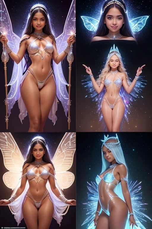A young 15- yr old native Australian girl with lovely charming face,( brown skin texture masterpiece), (smiling with exposed teeths showing)(perfect full body detailed anatomy), (Super accessories detailed), (meditating ), (perfect detailed bright sparkling eyes),( short illuminating silver crystalized hair), ((expose big hard erect nipples))(( exposed panty ))((legs wide open showing pussy line))(( Wearing transparent illuminating costume of a magician)), holding a treasure staff or wand (( illuminating different lights covering the sorrounding atmosphere)) on its back wearing beautiful large butterfly wings detailed design, The character solemnly praying, 7 different perspective view of that same girl & face profile sheet character style