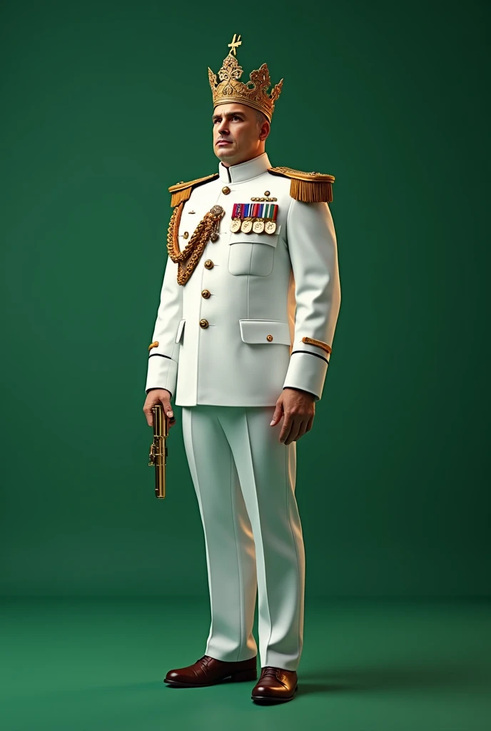 male, A white uniforms military governor general standing with a gun in his hand. King's crown on head. Plain full green screen background