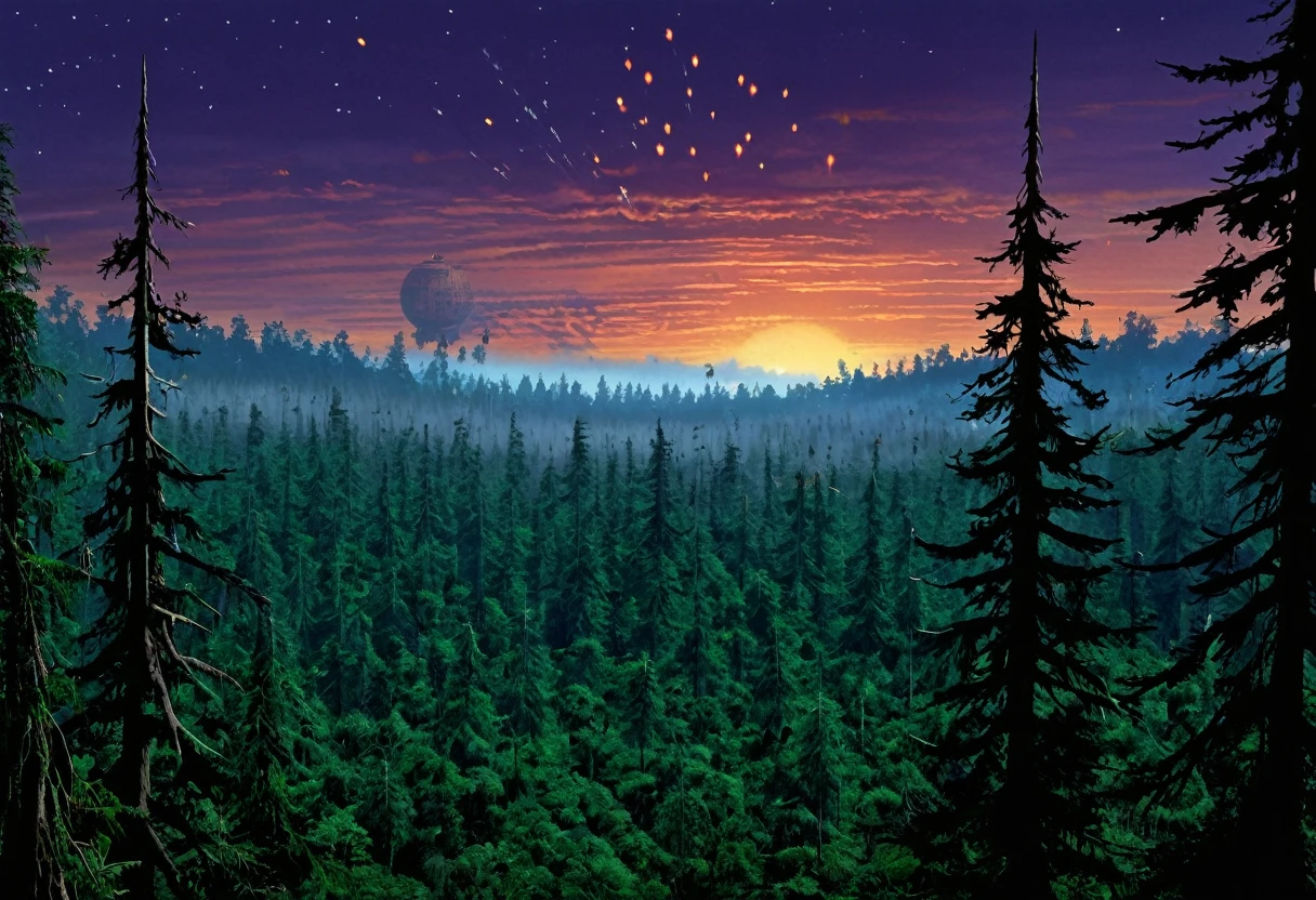Planet Endor, twilight sky, The Death Star explodes as a fleet war rages, viewed from an Ewok village built in the tree tops. Ewoks look to the sky and cheer. Scene of happiness.
