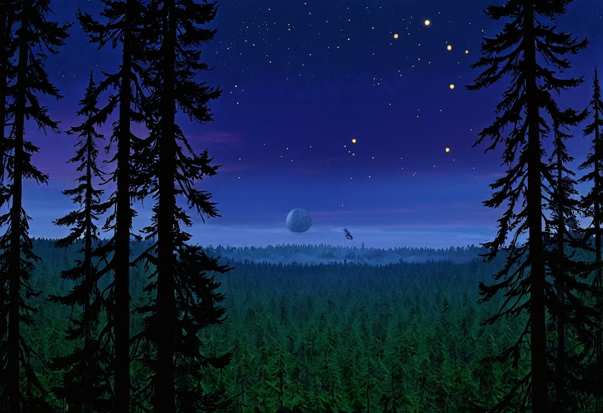 Planet Endor, twilight sky, The Death Star explodes as a fleet war rages, viewed from an Ewok village built in the tree tops. Ewoks look to the sky and cheer. Scene of happiness.