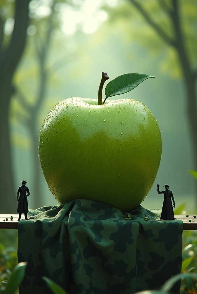 A Big Gaint Green Apple like a final boss on table with Morning dew drops on it. While mini evil doctors are trying to cover it with a big camouflage sheet that matches the background. The Sheet cloth is magical that what ever area it covers it makes apple invinsible form there