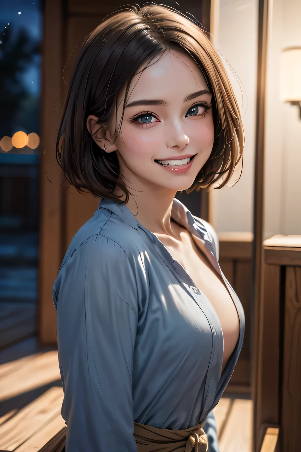 (highest quality, 8k, 32K, masterpiece), (Realistic), (Realistic:1.2), (High resolution), (night:1.7), Japan, cyber punk, 街の景Farbe, In front of the window,Wooden floor, Blue jacket, Grey Shirt, clavicle, jewelry, gem, Brunette Bob, 1 female, 45 years old, (Grin), Beautiful body, beautifulNose, beautifulcharacter design, Perfect Eyes, perfectface, Expressive eyes, View your audience, Center the image, (Cowboy Shot), Official Art, Very detailed CG Unity 8k wallpaper, Perfect lighting,Farbeful, bright_front_face_Lighting,Glowing Skin, (masterpiece:1.0),(Highest_quality:1.0), 超High resolution,4K,Very detailed, photograph, 8k, High resolution, High resolution, absurdes:1.2, Kodak Port 400, Film Grain, Blurred Background, bokeh:1.2, Lens flare, (Vibrant_Farbe:1.2) (beautiful,chest), (beautiful_face:1.5),(narrow_Waist)