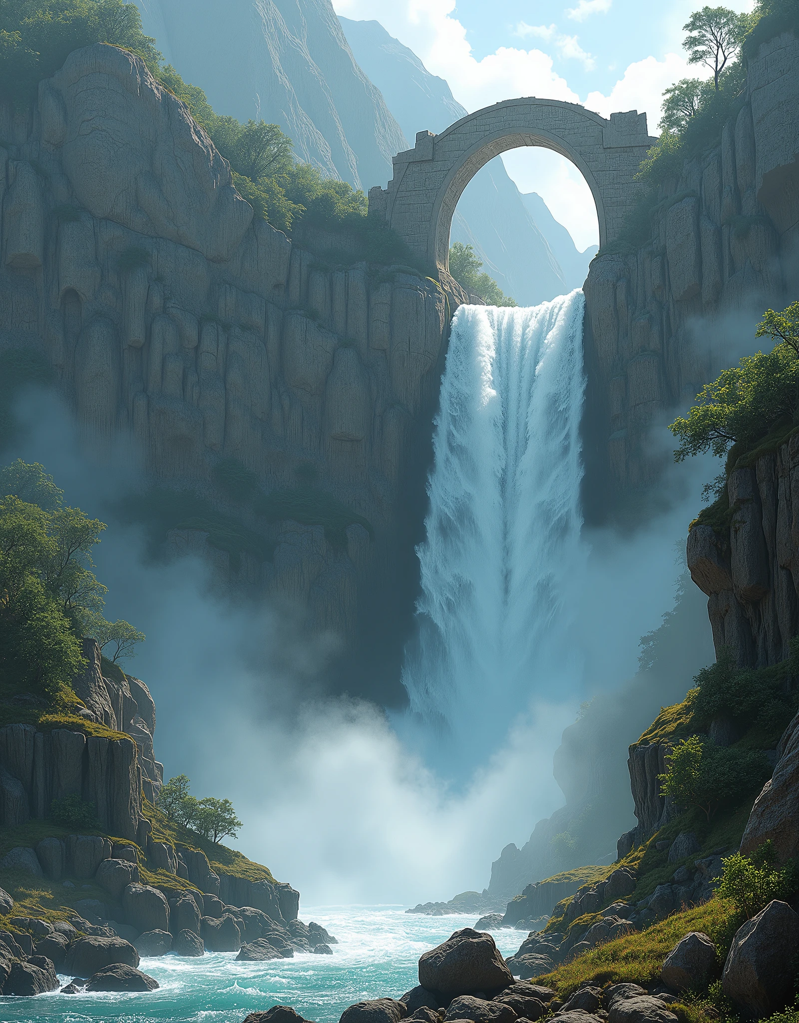 a cliff overlooking a waterfall, several arch-shaped stones at the top, matte painting 8k, matte paint 8K, vertical wallpaper 8K, vertical wallpaper 8K, vertical wallpaper 4K, vertical wallpaper 4K, lost series, realistic fantasy rendering, digital painting with 8K resolution, digital painting with 8K resolution,  Jessica Rossier fantasy art, 4K rendered matte paint, 3D rendered matte paint  