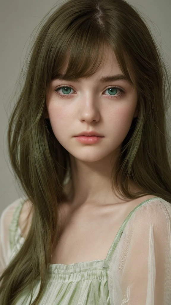 a girl. European. Extremely detailed face. Oval face. Delicate facial features. Half-closed eyes. Long straight hair. Messy hair. Bangs. Green hair. Green eyes. Pensive. Melancholic. Ethereal. Innocent