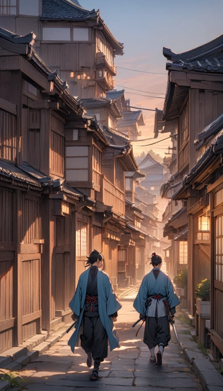 "A historical Japanese town at sunset, with traditional wooden buildings lining the street. A lone samurai wearing a blue haori walks down the street, his katana at his side."