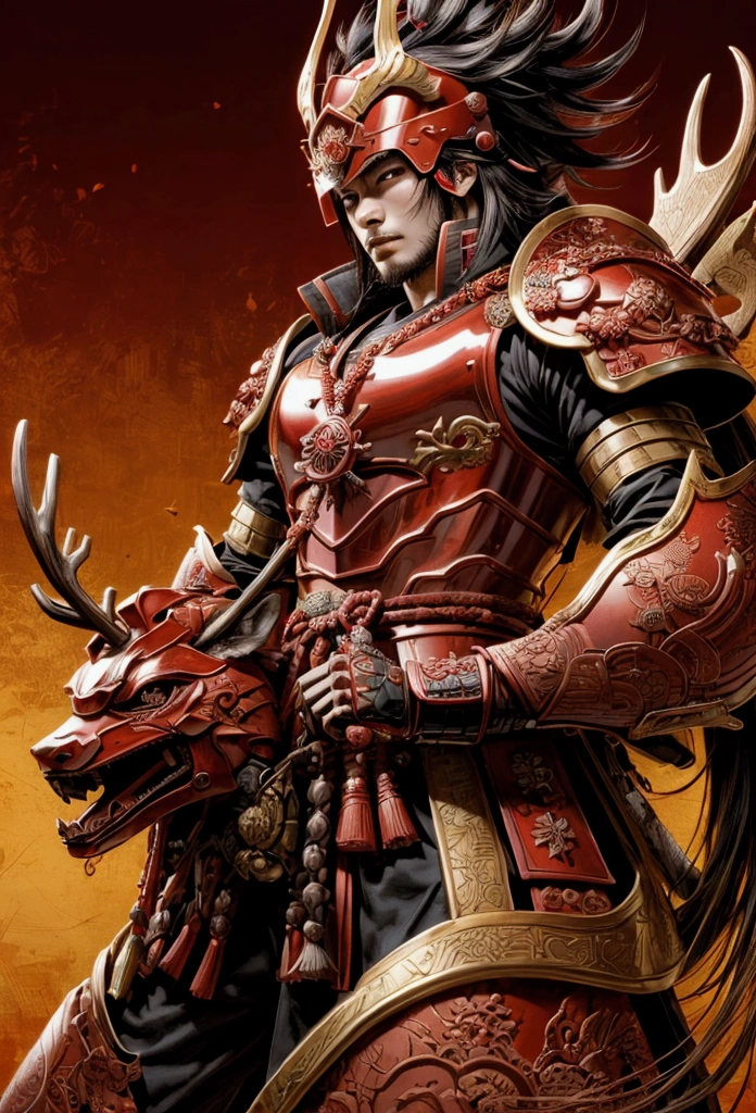 Sengoku warlord Sanada Yukimura、He is wearing red armor. The armor has a helmet ornament that resembles a deer antler and a six-mon coin mark.、The armor is decorated with gold and is a bright red color.、Realistic depiction with attention to detail - The background is simple、Neutral colors to highlight the armor details. Rin々Shikudo々A positive attitude、Brave expression and style: Realistic art and color themed on the Sengoku period of Japan: High contrast with red and gold as the main theme