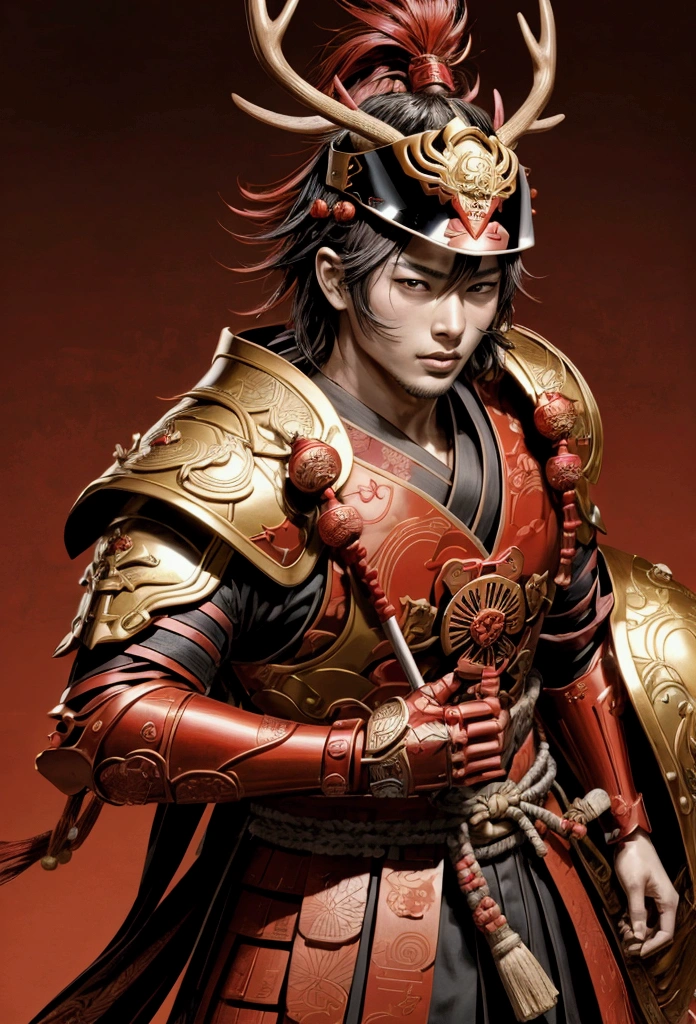 Sengoku warlord Sanada Yukimura、He is wearing red armor. The armor has a helmet ornament that resembles a deer antler and a six-mon coin mark.、The armor is decorated with gold and is a bright red color.、Realistic depiction with attention to detail - The background is simple、Neutral colors to highlight the armor details. Rin々Shikudo々A positive attitude、Brave expression and style: Realistic art and color themed on the Sengoku period of Japan: High contrast with red and gold as the main theme