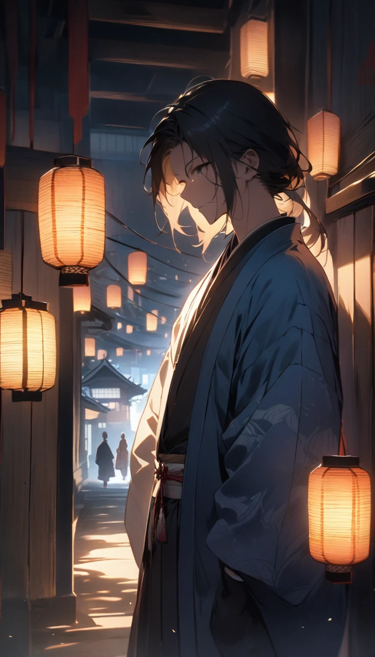 A samurai in a dimly lit alley, wearing a blue haori, his face partially obscured by shadows. The background shows traditional Japanese architecture with lanterns casting a warm glow."