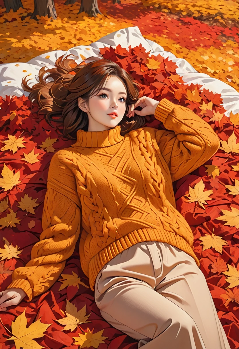 The image shows a person wearing a mustard red knitted sweater lying on a bed of autumn leaves. The leaves in the background are a mix of orange, red and red tones, suggesting the fall season.