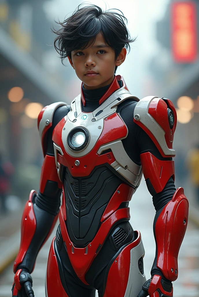 Boy malay Indonesia wear red white exoskeleton. Robot face on body. Led nipple blue. Black hair little white hair detail. . 19 year old boy. Wavy hair. Tan skin. High tech suit. Mirage armor . Taking anger robot face red. Emoji robot. Robot logo. Mechanize robot face at chest. Talking robot on body. Robot look front.. robocop concept. Gi goe. Red white. Ultraman suit. Round shape Robot face on center. Robot eyes on point nipples host suit. Robot Mouth on abs.