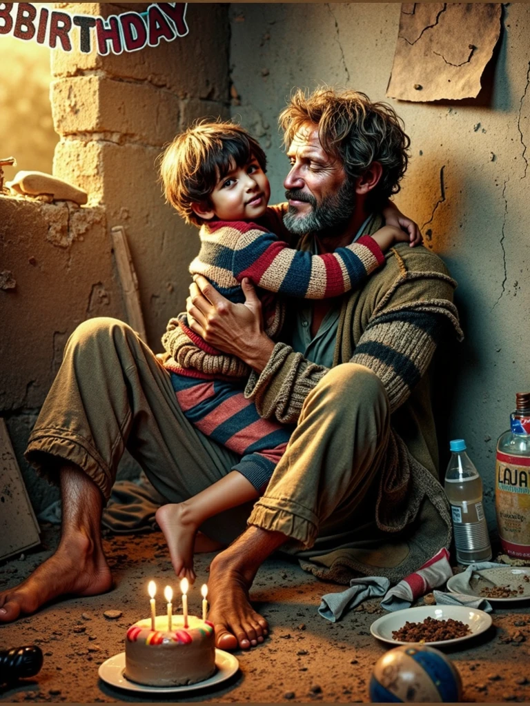 A high-resolution, 8K, photo-realistic masterpiece depicting a touching scene of a man and a huddled together in a corner amidst the harsh environment of Gaza. The man, dressed in tattered clothes, is leading the child in a simple birthday celebration, evoking warmth and resilience despite their situation. The man and the child are embracing warmly, with joyful facial expressions that convey a strong emotional connection. The image captures detailed eyes, vivid facial expressions, and worn-out clothing in an environment with scattered birthday items and cracked walls. The scene exudes warmth, determination, and emotional depth, with vibrant colors, soft lighting, and an HDR effect highlighting the vivid details and the overall atmosphere.
