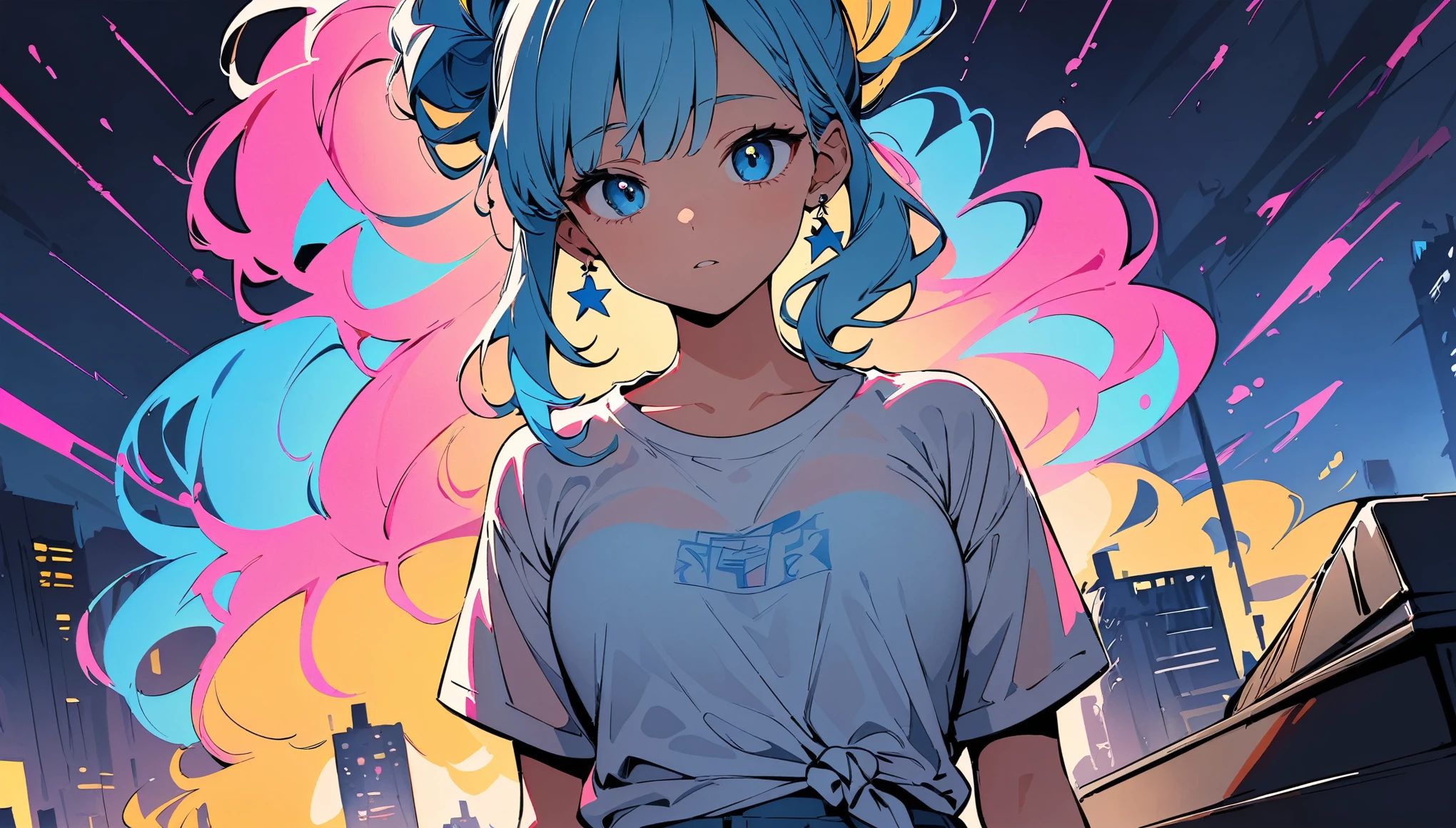 (high quality, 8k, 4K, High Contrast, masterpiece:1.2, 最high quality, Best aesthetics), (Dynamic Angle), ((1 female teen)), ((Plain and bright background)), ((Flat Color)), (Plain white T-shirt on the upper body), (jeans), Looking at the audience, Upper Body, Transparent Background, Sleepy eyes, High Contrast, Contrasting colors, Cowboy Shot, Pale pink and blue lighting, Long Hair, ((Tied Hair)) , Light blue hair, Small star-shaped earrings in both ears, Wearing a casket, watch, bright eyeshadow, Cool look, Small Tits, Her bra is slightly visible through her T-shirt , Clothes wet from the rain. Raining background,