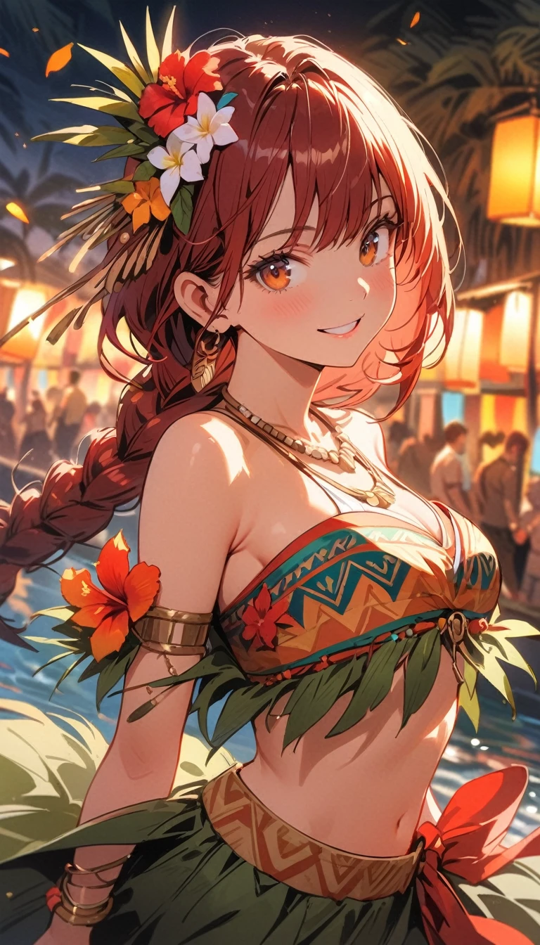 1girl, red hair, brown eyes, (highest quality, 8k, 4k, High resolution, masterpiece:1.2), Super detailed, anime style:0.9, photorealistic, Bright colors, Depth of the bounds written, blurred background, cowboy_shot, alone, beautiful face details, beautiful eyes, long eyelashes, soft lips, (small face), (smile:1.3), Rear view, Pose with movement,
BREAK
//Fashions
Polynesian Hula Costume,
Transport yourself to the islands of Polynesia with a traditional hula costume, perfect for festive tribal celebrations, Start with a grass skirt or pareo in natural or vibrant hues, adorned with floral or tribal prints, Pair it with a fitted crop top or bikini top featuring similar motifs for a cohesive look,
BREAK
Accessorize with flower leis worn around your neck and wrists, along with a floral crown or headband, Add shell or bead jewelry, such as necklaces, bracelets, and anklets, to enhance the tropical vibe, Style your hair in loose waves or braids adorned with flowers or tropical foliage, Finish the look with barefoot sandals or flat sandals adorned with flower embellishments, This costume captures the essence of Polynesian culture and the joyous spirit of tribal celebrations like luaus and hula festivals,
BREAK