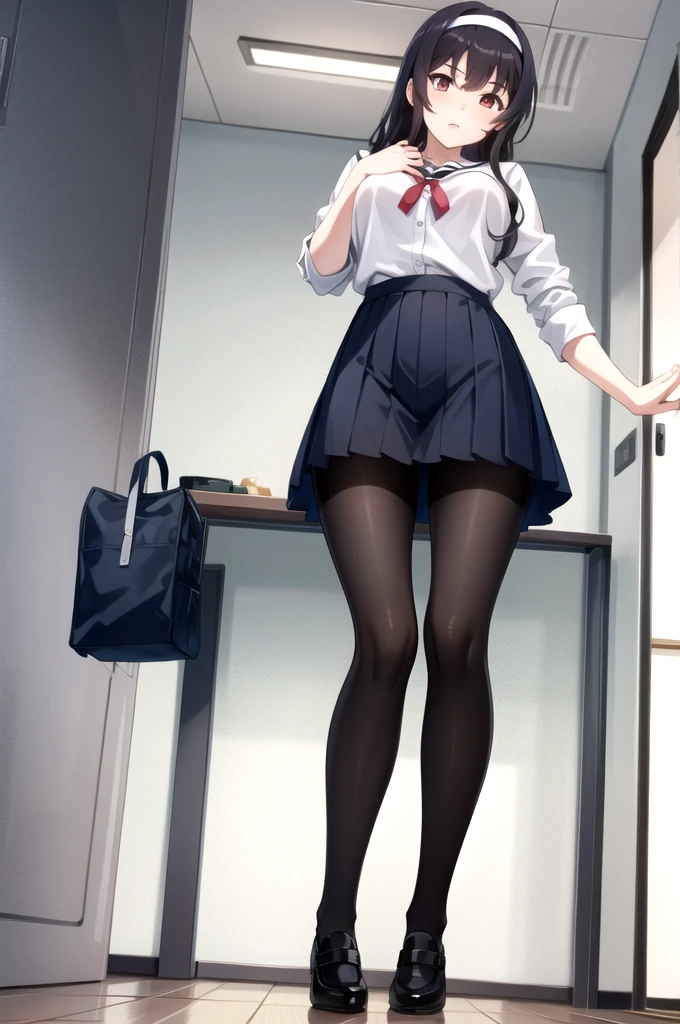 tall body, tall, long legs, mature female, mature, adult, eft_saekano_utaha, 1girl, kasumigaoka utaha, solo, long hair, hairband, black hair, red eyes, view from below, white hairband, shirt, bangs, indoors, looking at viewer, closed mouth, breasts, school uniform, pantyhose,