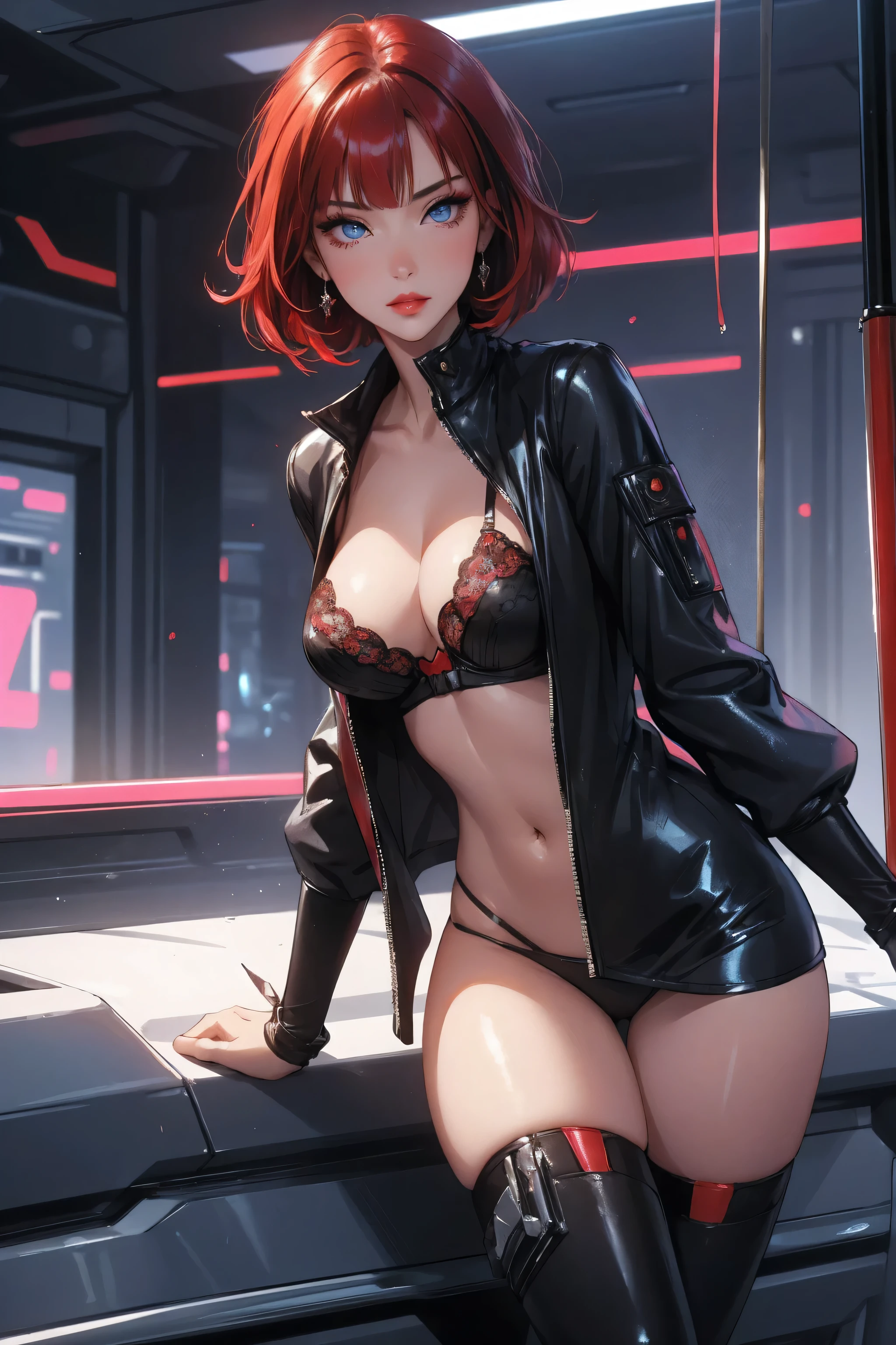 1girl,a beautiful fashion model ,(masterpiece, detailed background, best quality),short and shiny hair, red hair, hair with highlights, bangs, smirk,juicy lips,red lips, calmart, lingerie, stripping, elegant makeup, blue eyes, full body shot, (shiny skin), cyberpunk, sci fi, boa, extravagant jewelry, cocky expression, covered in jewelry, fancy, , bra, thong, stripping, cyberpunk club, stripper pole