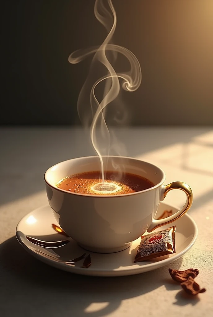 Black tea with milk in cup with smoge with tea packet