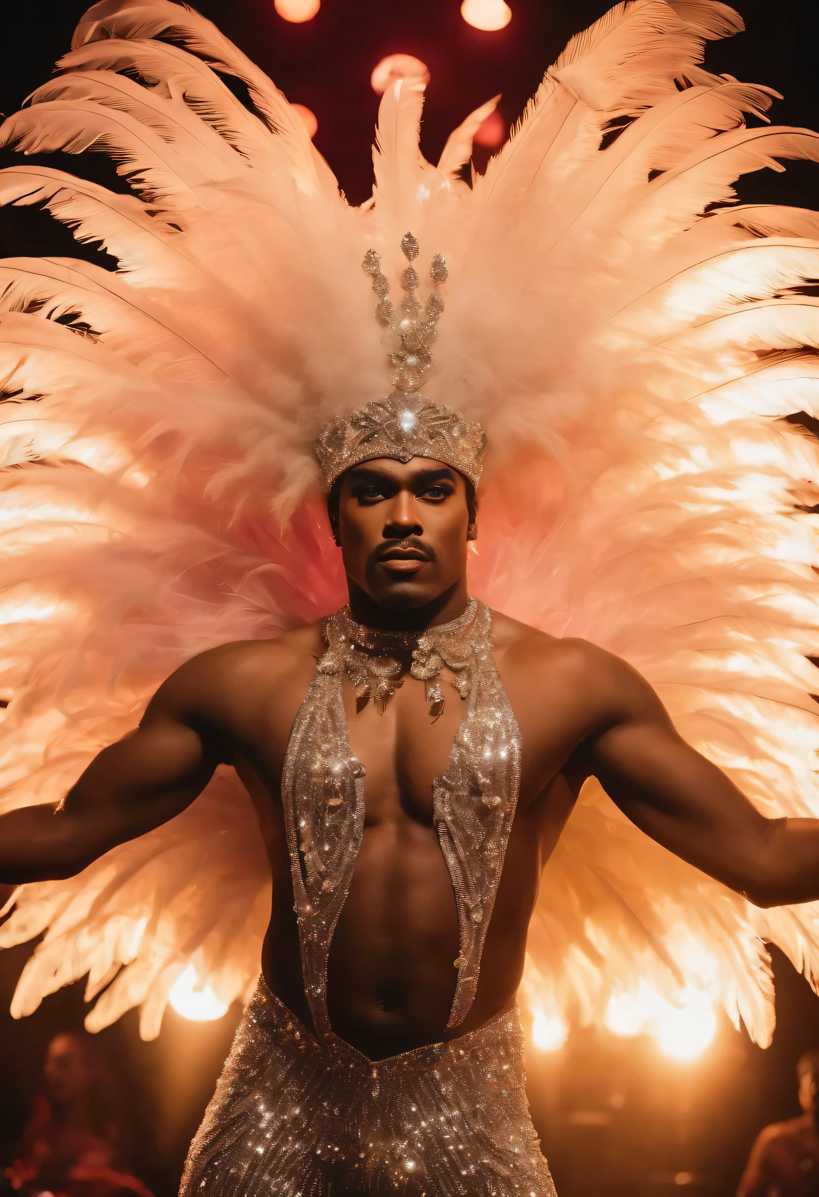 A photo of the character dressed in a dazzling showgirl costume, surrounded by feathers and sequins, striking a pose on the glitzy cabaret stage.,original,He is a black man with a large Afro. He likes to wear gray sweatpants and no shirt. , male