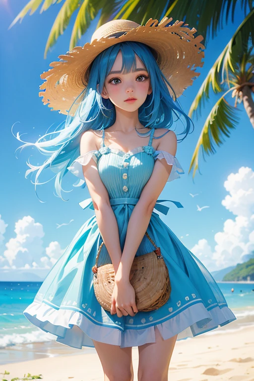 ((Highest quality)), ((masterpiece)), (detailed), One person, sexy,Blue dress、Straw hat、Palm tree、Beach、look up、Coconut