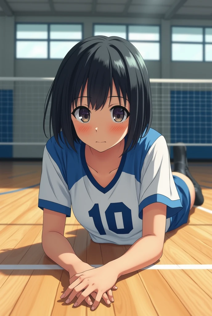 Japanese short black hair high school girl painting style。
oil。
Volleyball club practicing in the gym。
The uniform is white and blue on top、Bottom is black。
The number on his front is 10. It looks like a photograph.。
Lying on the floor so that I could see myself from head to toe like an oil painting
