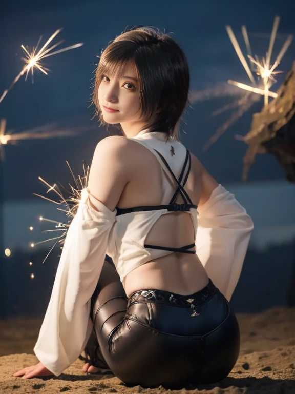 20 year old Japanese beauty，One woman、Muscular body like a bodybuilder、Emphasize the breasts、Slit eyes、Full body image up to the tip of the foot，Bust is very very large、Full moon night in the background、High quality photos、Clear, crisp images of the lower body、Masterpiece 8k、Smiling、Have a sparkler、From the front, from the side, from the back, etc.々from what camera angle to shoot、FF10 Yuna's outfit、Highly lustrous satin outfit、