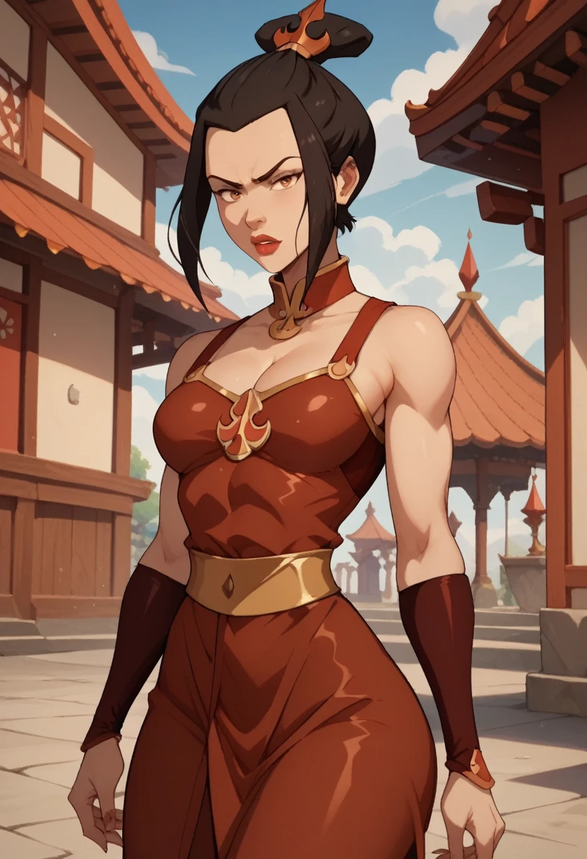 (masterpiece) (best quality) (detailed) (8k) (sharp focus), 1 female, Azula in latex clothing, detailed face, chest bulge, great chest anatomy 