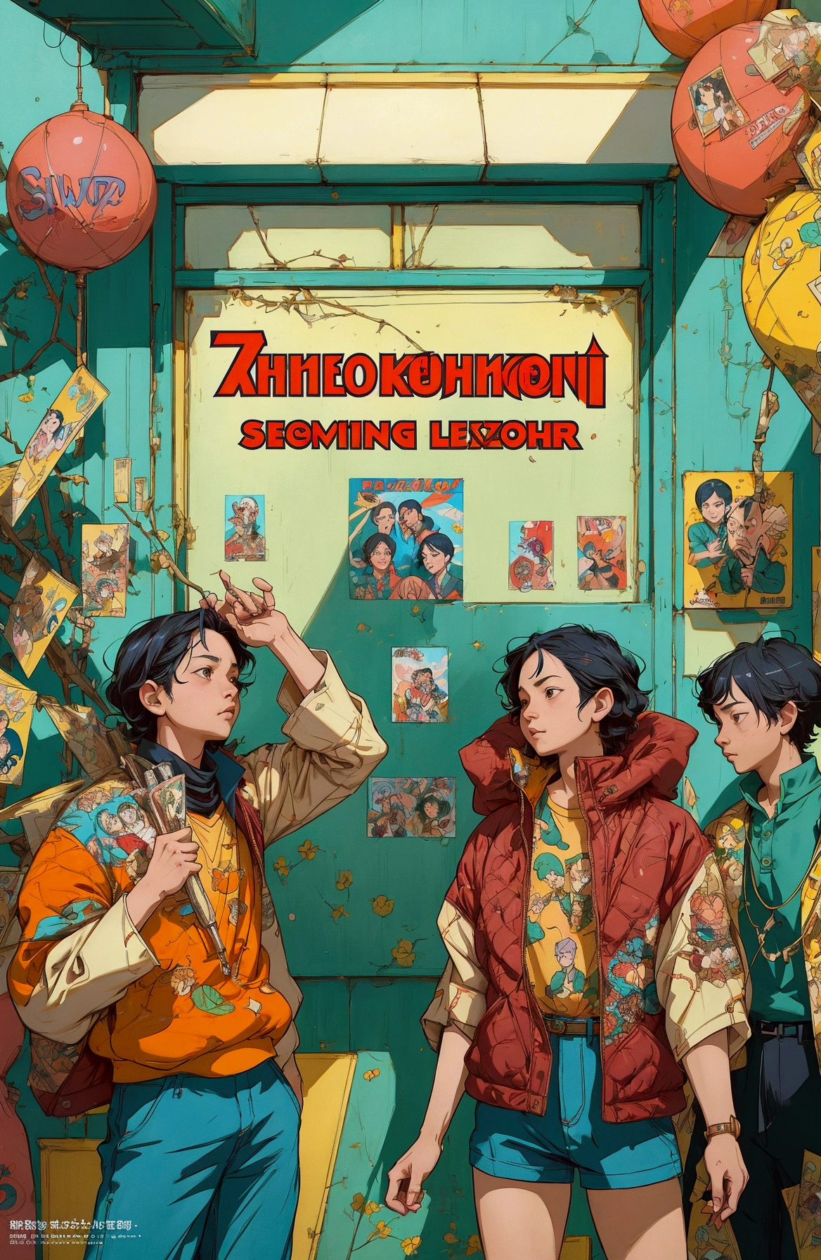 a cartoon of a group of people standing in front of a store, movie announcement, jc leyendecker and sachin teng, style of satoshi kon, excitement, inspired by Satoshi Kon, satoshi - kon, amazement, satoshi kon artstyle, official artwork, satoshi kon and moebius, album art, album cover!, new album cover