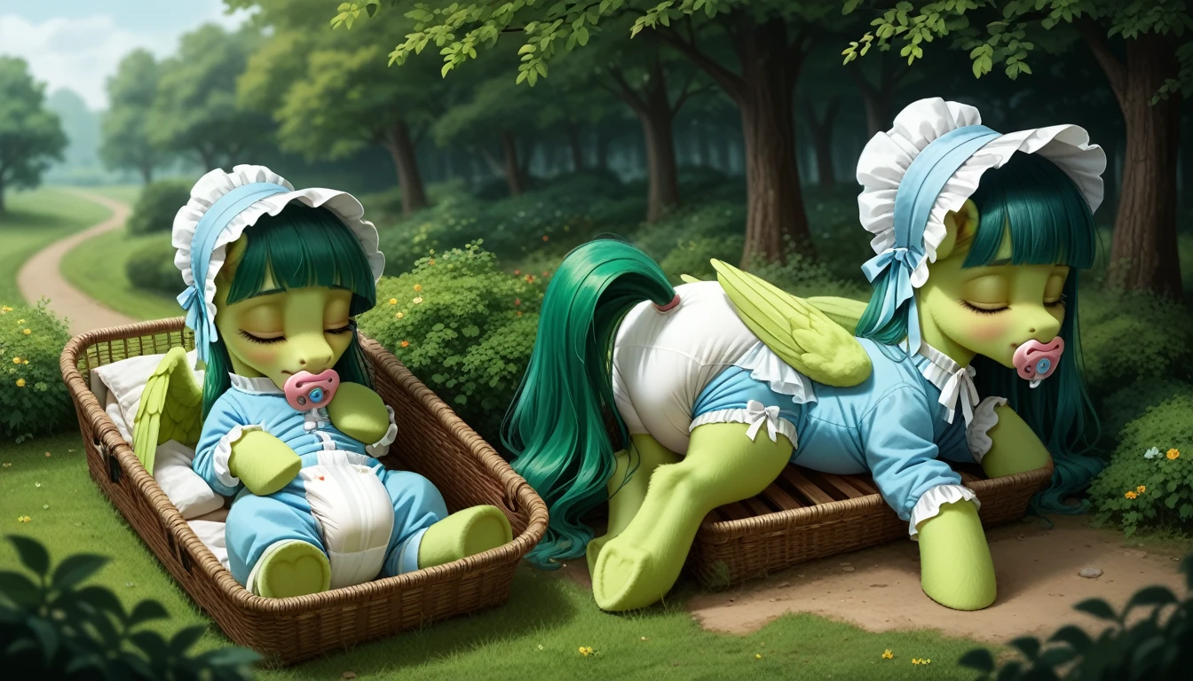 pony, Pegasus, emerald green fur, a lush mane, gathered into an adult size bonnet, bushy tail, adult mare, closed eyes, sleeps in an adult-sized crib, dressed in an adult size bodysuit and booties, pacifier in mouth, solo, thick diaper under clothes.
