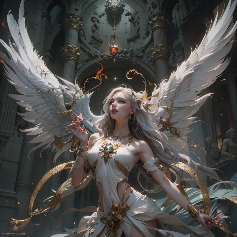 (((St. Michael Archangel. 19 years old))) ((( With a serious and reverent look. With a sweet and gentle look))) (masterpiece, Superior Quality, Highest quality, Official Art, Beautiful and aesthetic: 1.2), (One person), Very detailed, (Fractal Art: 1.3), colorful, Most detailed, Perfect Face, Upper Body, High resolution, (pray: 1.3), (Gold lines on a white coat: 1.2), Milky Way, (Stripes of light), Eye-catching visuals, (Dynamic Stripes, Path of Light: 1.2), Bright colors,