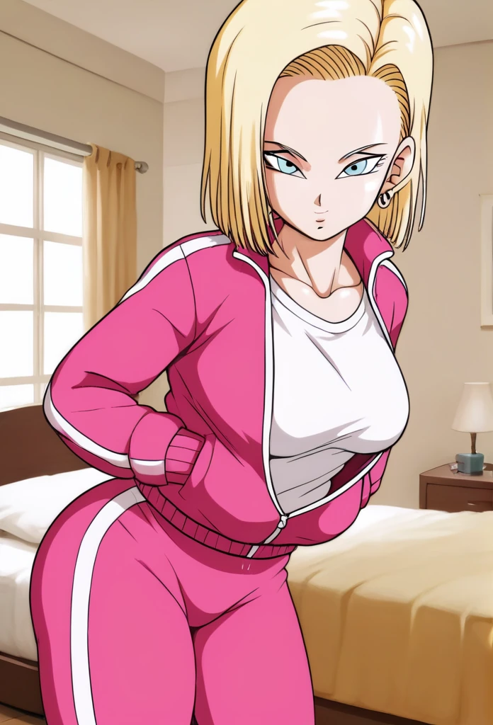 In underwear,detailed face, android 18, supertop, 1girl, solo, looking at viewer, short hair, Blue eyes, blonde hair, Big breasts, collarbone, hoop earrings, bedroom, collar up, track jacket, pink jacket, track suit, track pants, pink pants, standing, hands in pockets, bent over, BIG ASS, sexy ass, thick legs, wide hips,In underwear