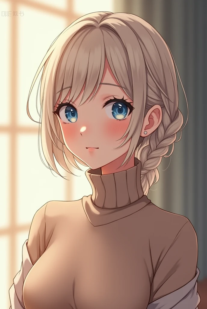 (photorealism:1.2), Anime woman, pale blonde, turtleneck sweater, short hair, braided mullet, smile, blue eyes, adult woman, grown up, demure, full body