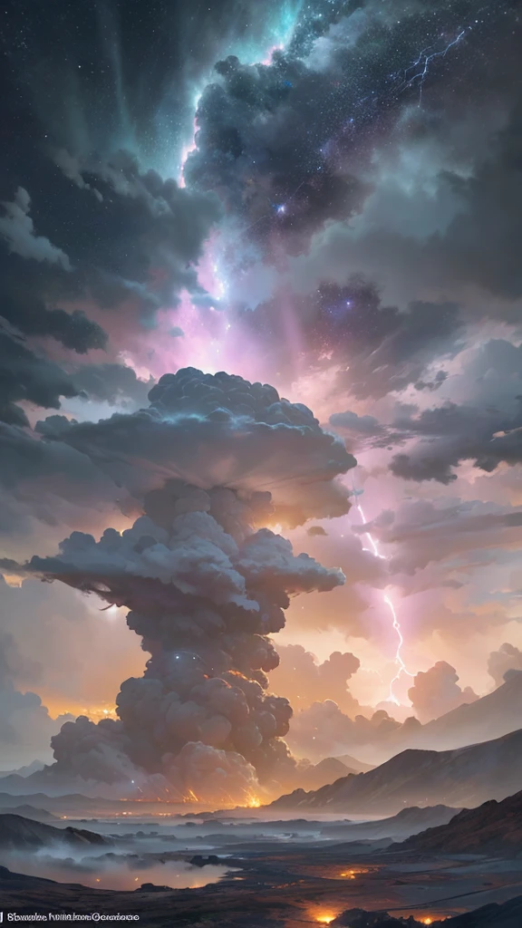 A mesmerizing and fantastical tornado swirling in the middle of a vast, open landscape. The tornado is composed of ethereal, glowing particles in shades of soft blues, purples, and pinks, giving it a magical and otherworldly appearance. The base of the tornado is surrounded by a gentle, misty fog that diffuses the light, creating a surreal glow. The sky above is filled with swirling clouds that mirror the colors of the tornado, adding to the dreamlike atmosphere. Lightning bolts, delicate and bright, occasionally flash within the tornado, illuminating the intricate patterns of the swirling particles. The overall scene is one of awe-inspiring beauty, combining the raw power of a tornado with the enchanting allure of a fantasy world.